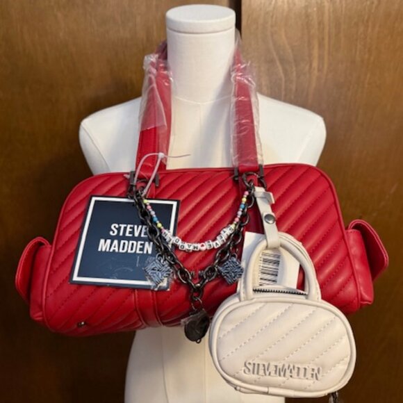 Steve Madden Handbags - Steve Madden Bmikey Satchel Bag Red Quilted Faux Leather Charms & Mini!